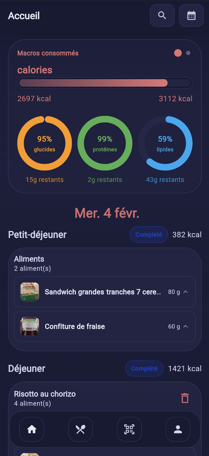 Home et suivi macro MyMeal